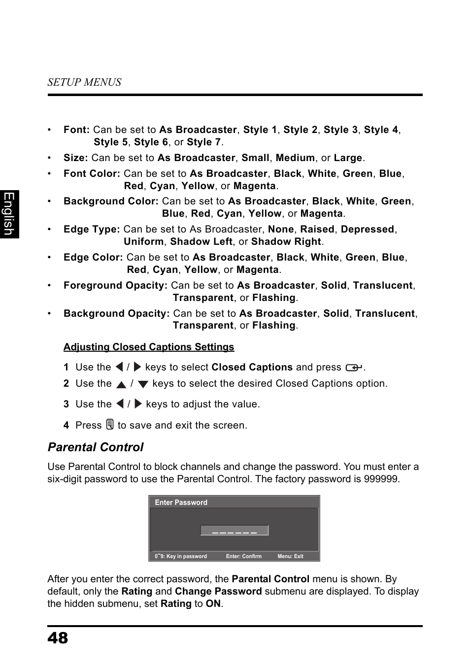 English, Parental control | Westinghouse LD-3260 User Manual | Page 53 / 66