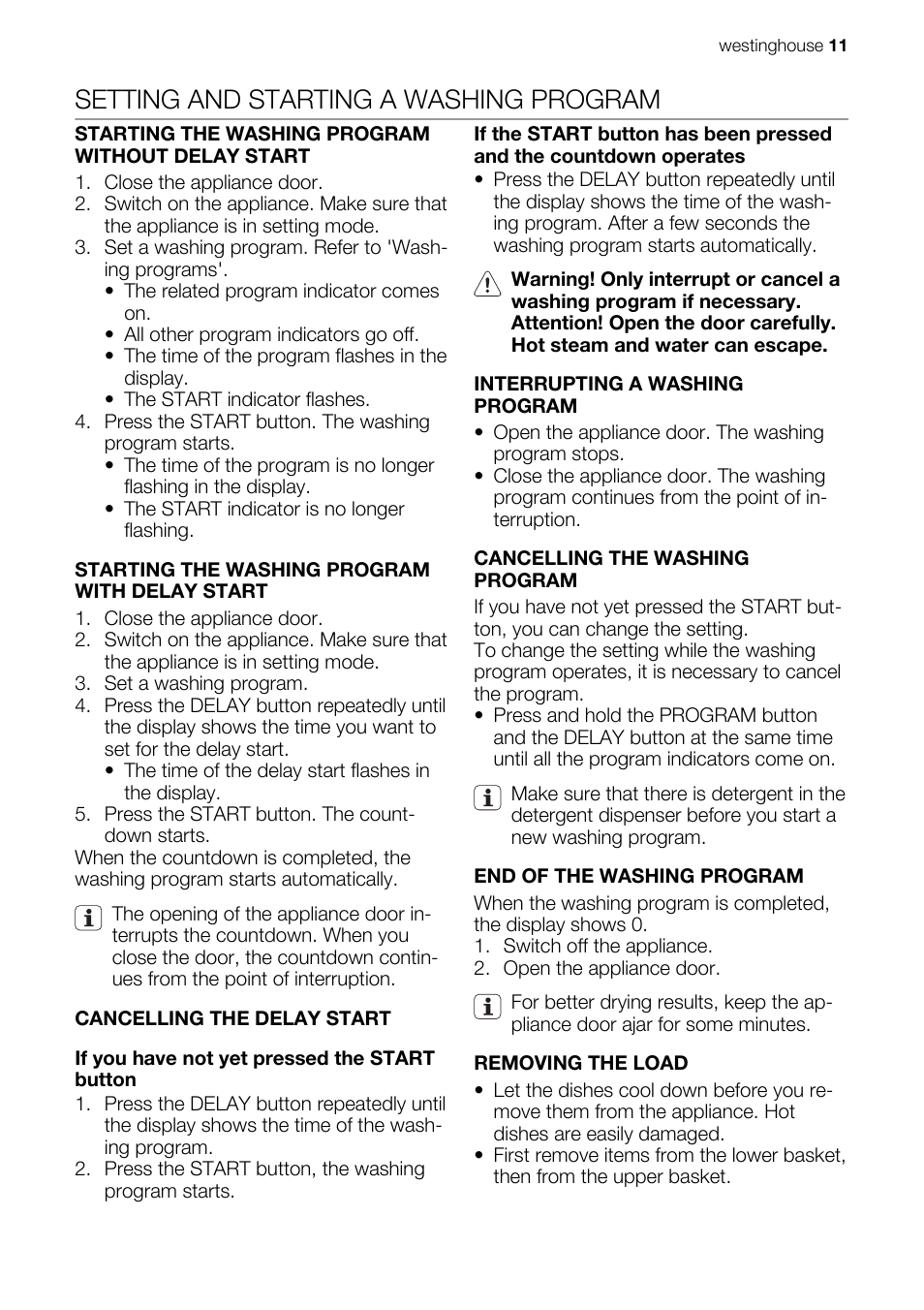 Setting and starting a washing program | Westinghouse WSF6602 User Manual | Page 11 / 24