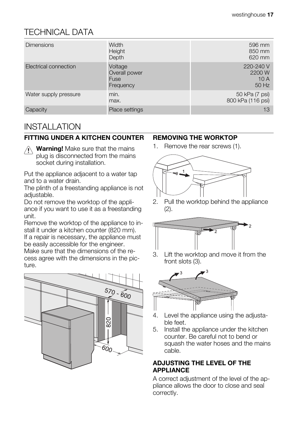 Technical data, Installation | Westinghouse WSF6602 User Manual | Page 17 / 24