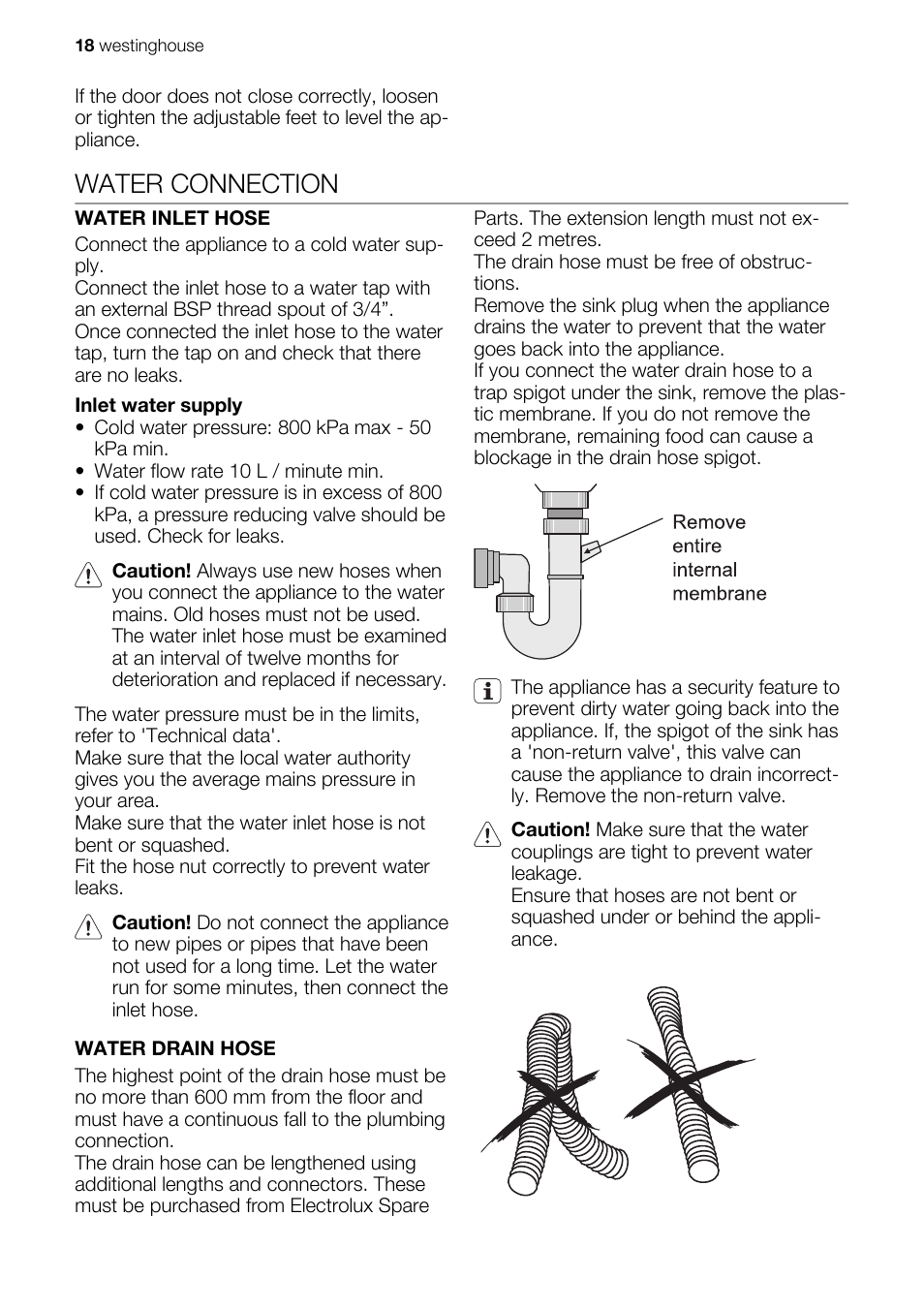 Water connection | Westinghouse WSF6602 User Manual | Page 18 / 24