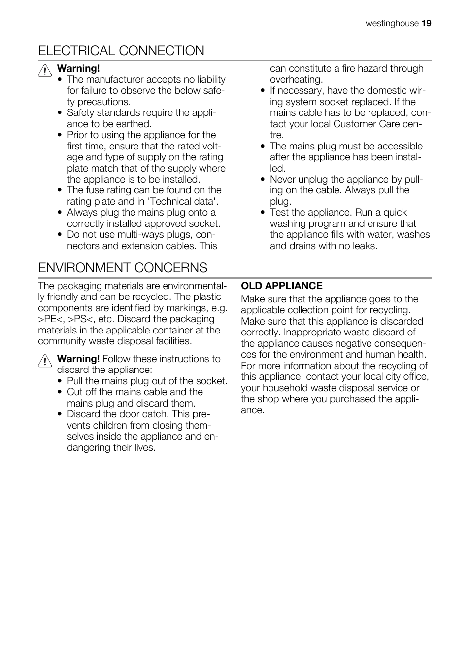 Electrical connection, Environment concerns | Westinghouse WSF6602 User Manual | Page 19 / 24