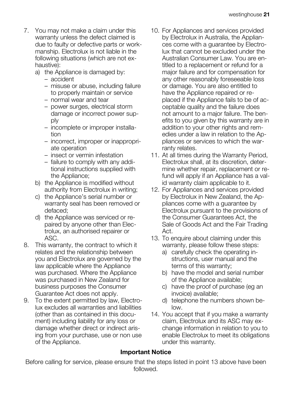 Westinghouse WSF6602 User Manual | Page 21 / 24