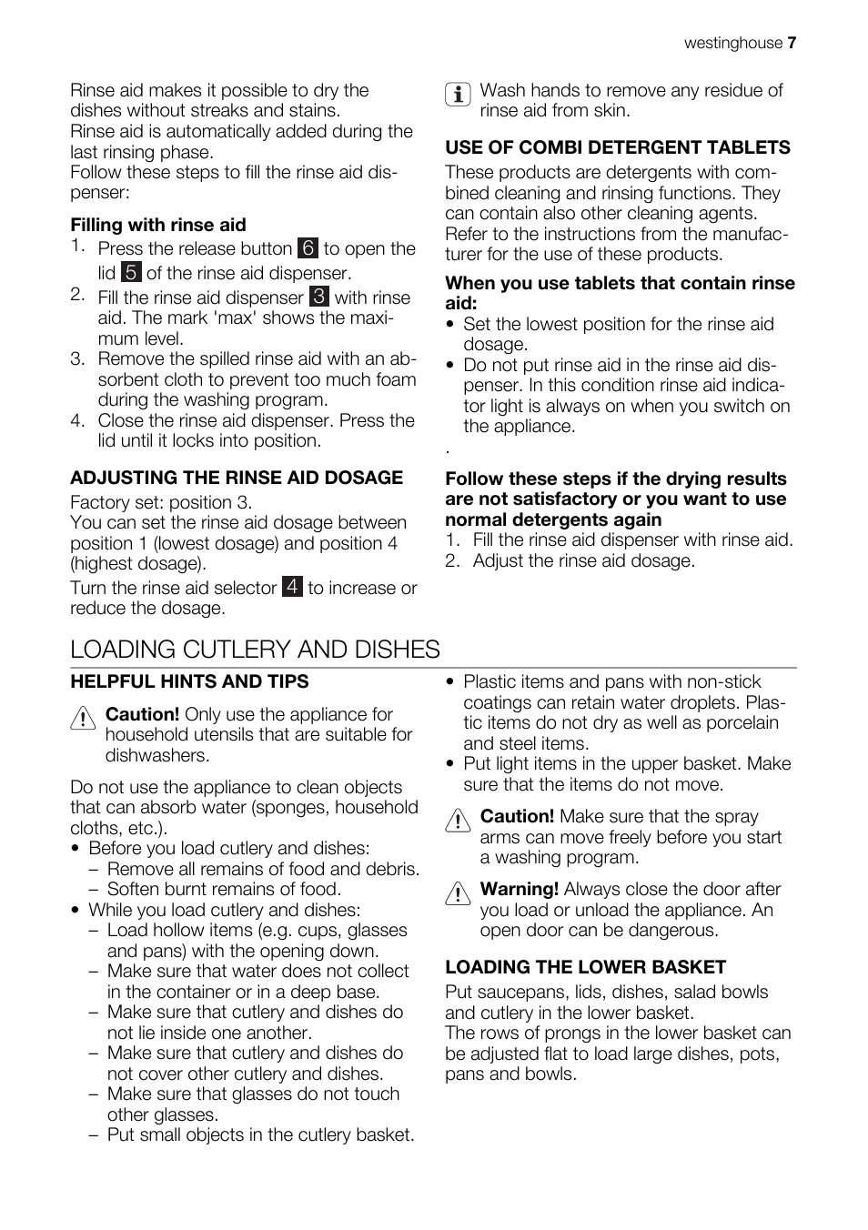 Loading cutlery and dishes | Westinghouse WSF6602 User Manual | Page 7 / 24