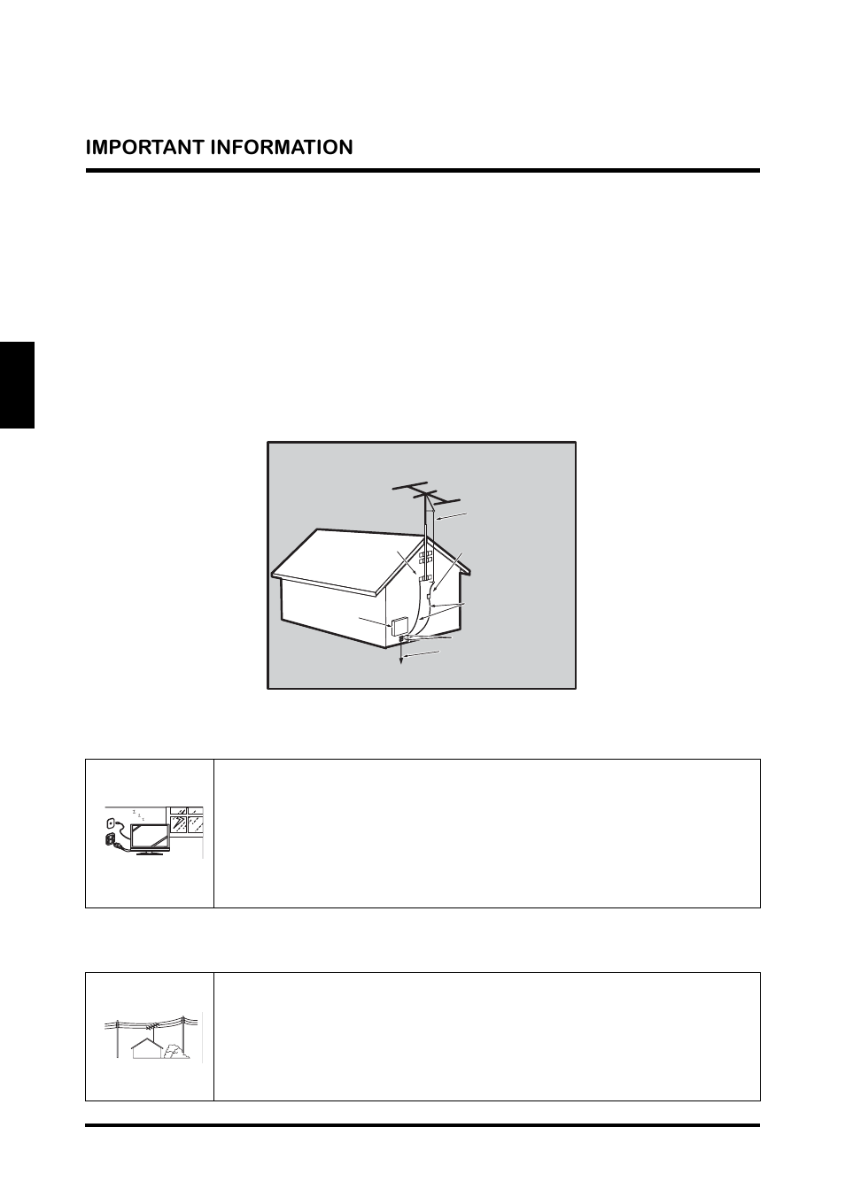 Antenna installation safety, Lighting, Power lines | Antenna installation safety lighting power lines, English, Important information | Westinghouse TX-42F810G User Manual | Page 12 / 61