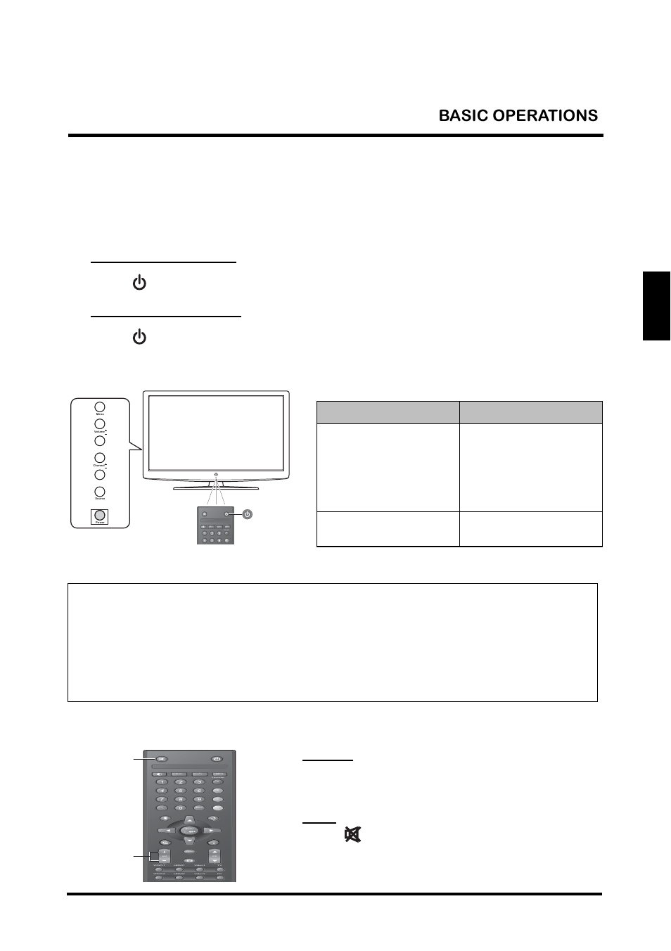 Basic operations, Turning the power on and off, Adjusting the volume | Turning the power on and off adjusting the volume, English basic operations, Volume | Westinghouse TX-42F810G User Manual | Page 25 / 61