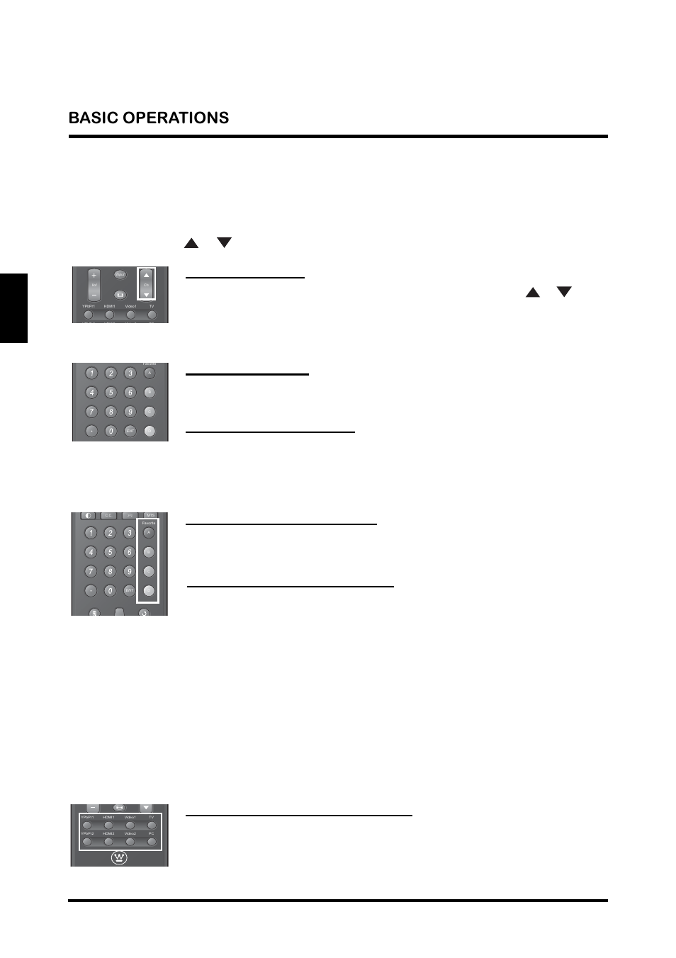 Changing channels, Selecting the input source, Changing channels selecting the input source | English, Using the ch / buttons, Using the channel keys, Using the favorite keys, Using the individual input keys, Basic operations | Westinghouse TX-42F810G User Manual | Page 26 / 61