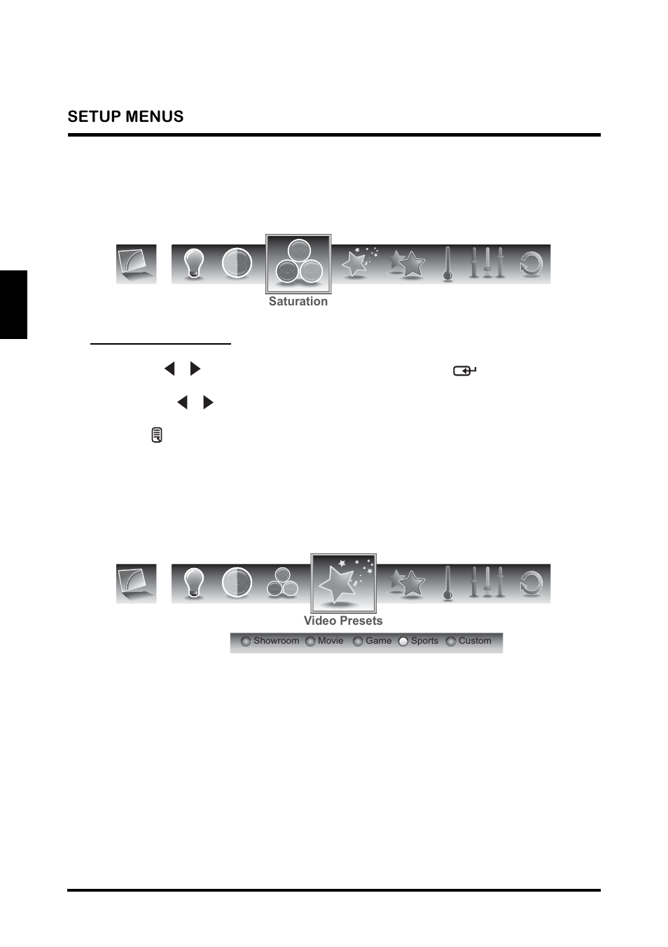 English, Saturation, Video presets | Westinghouse TX-42F810G User Manual | Page 30 / 61