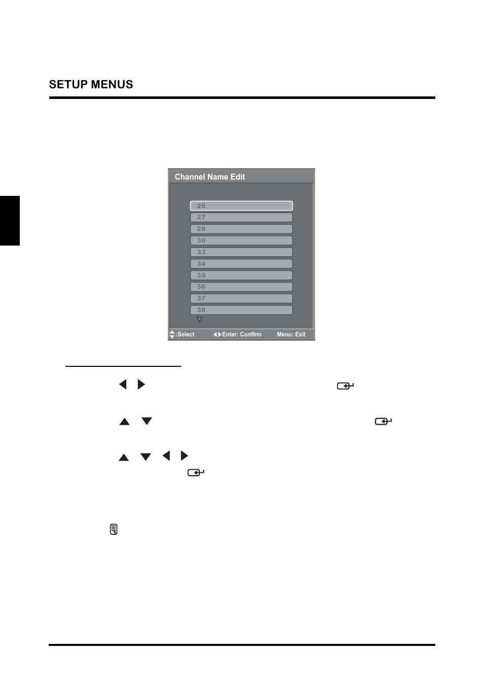 English, Channel edit, Setup menus | Westinghouse TX-42F810G User Manual | Page 40 / 61