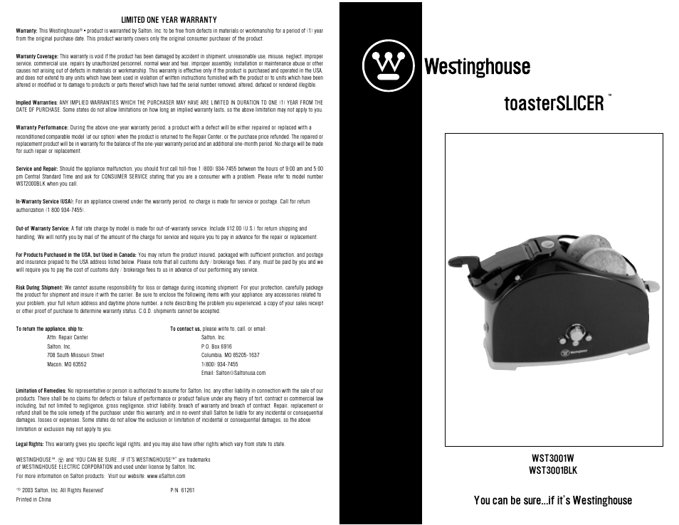 Toasterslicer, You can be sure...if it’s westinghouse | Westinghouse WST3001BLK User Manual | Page 11 / 12