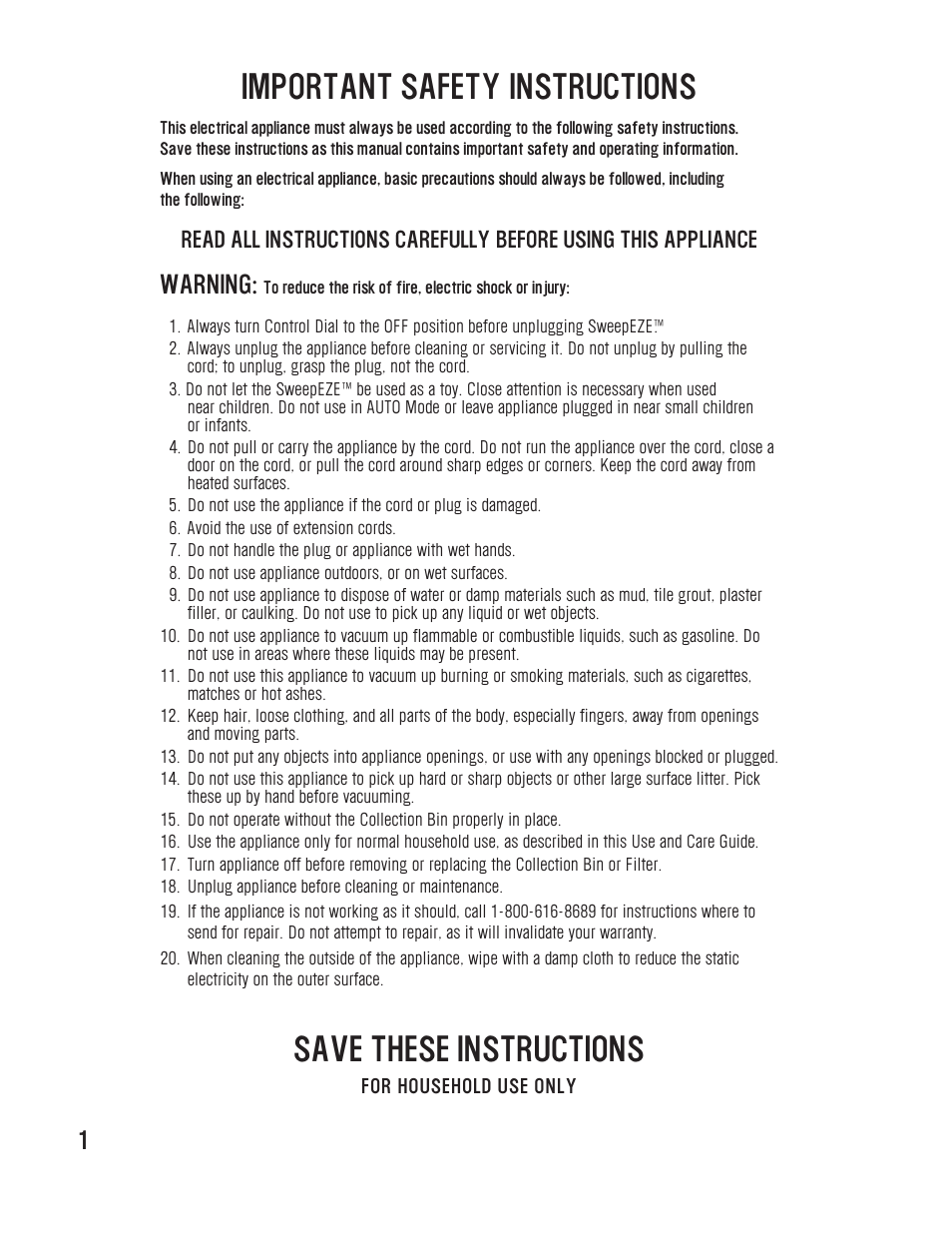 Important safety instructions, Save these instructions, Warning | Westinghouse WST1800 User Manual | Page 2 / 8