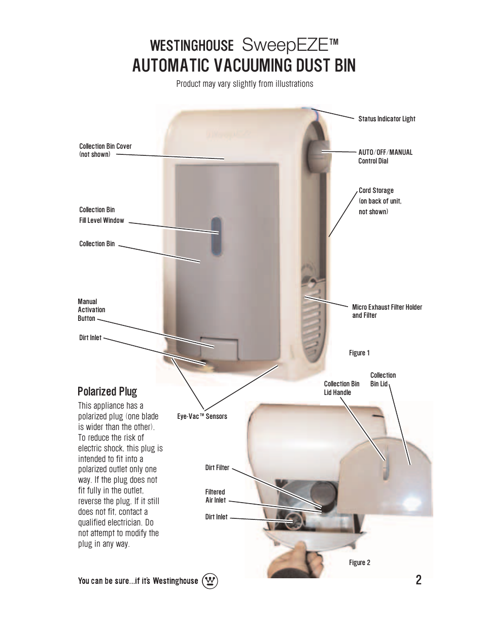 Sweepeze, Automatic vacuuming dust bin, Westinghouse | Polarized plug | Westinghouse WST1800 User Manual | Page 3 / 8