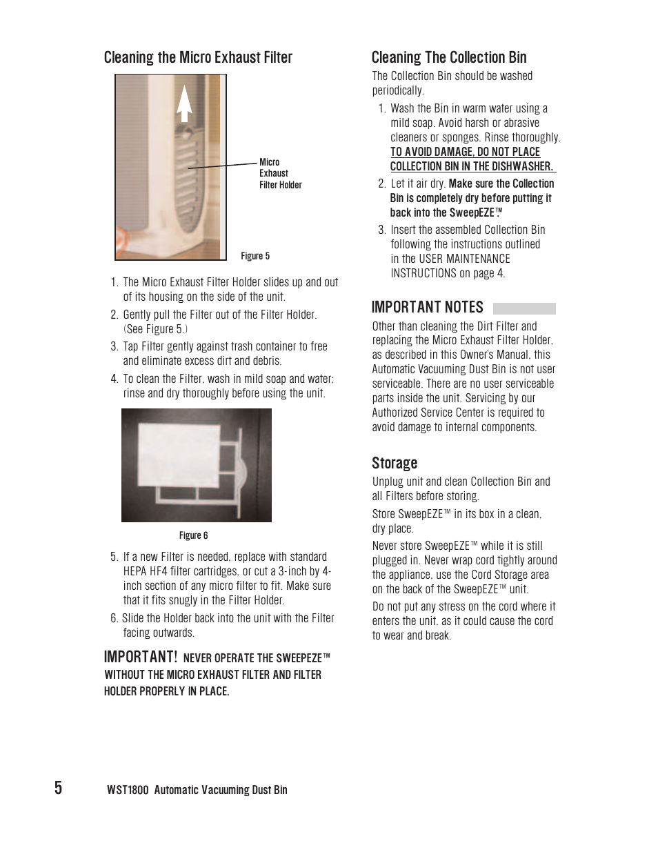 Cleaning the collection bin, Storage, Cleaning the micro exhaust filter | Important | Westinghouse WST1800 User Manual | Page 6 / 8