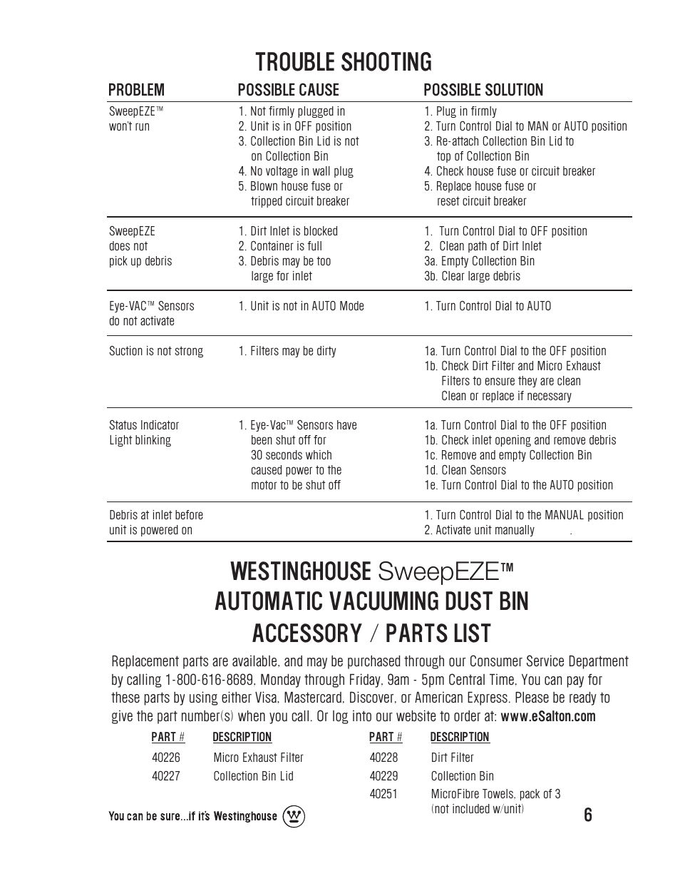 Westinghouse sweepeze, Trouble shooting, Problem possible cause possible solution | Westinghouse WST1800 User Manual | Page 7 / 8