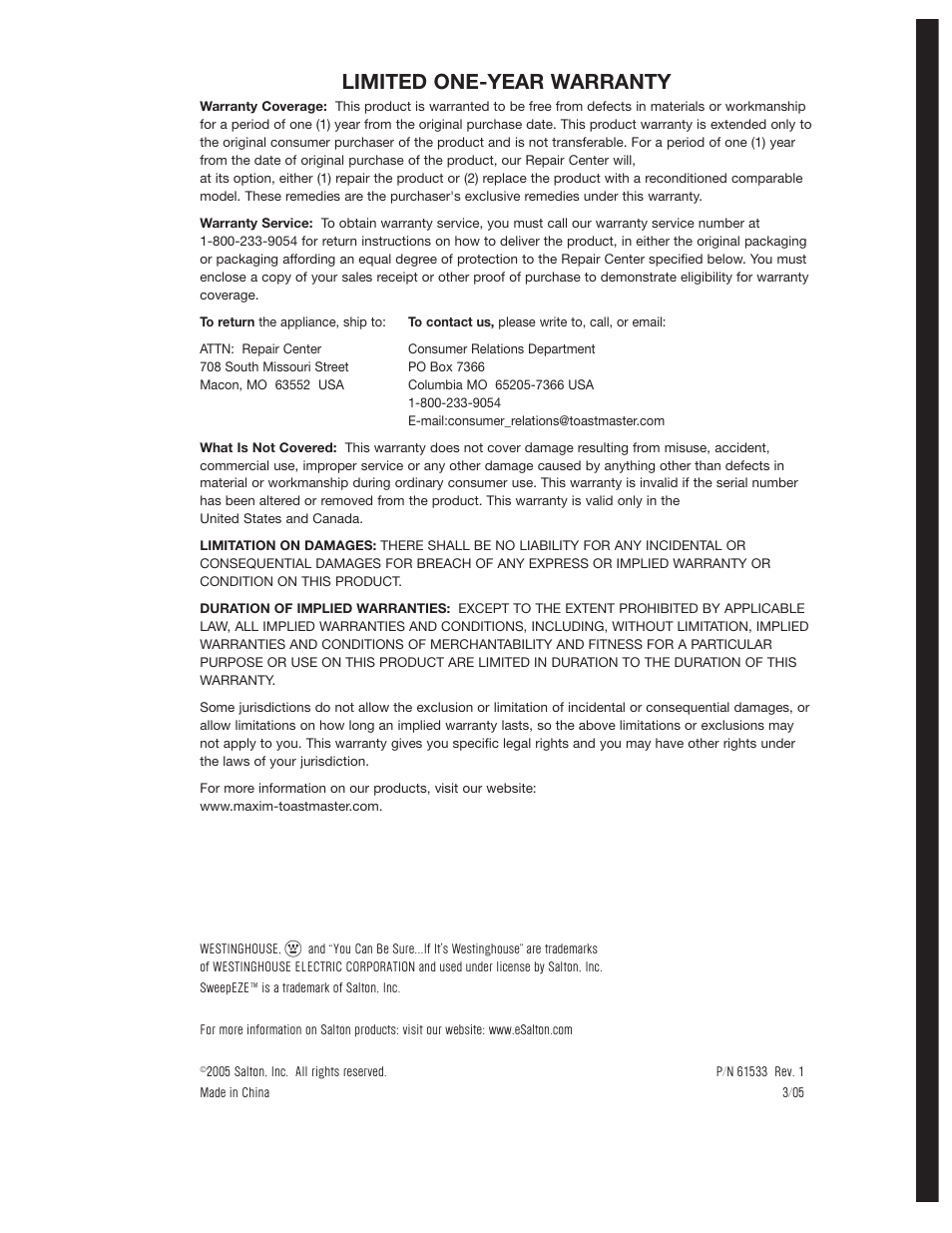 Limited one-year warranty | Westinghouse WST1800 User Manual | Page 8 / 8