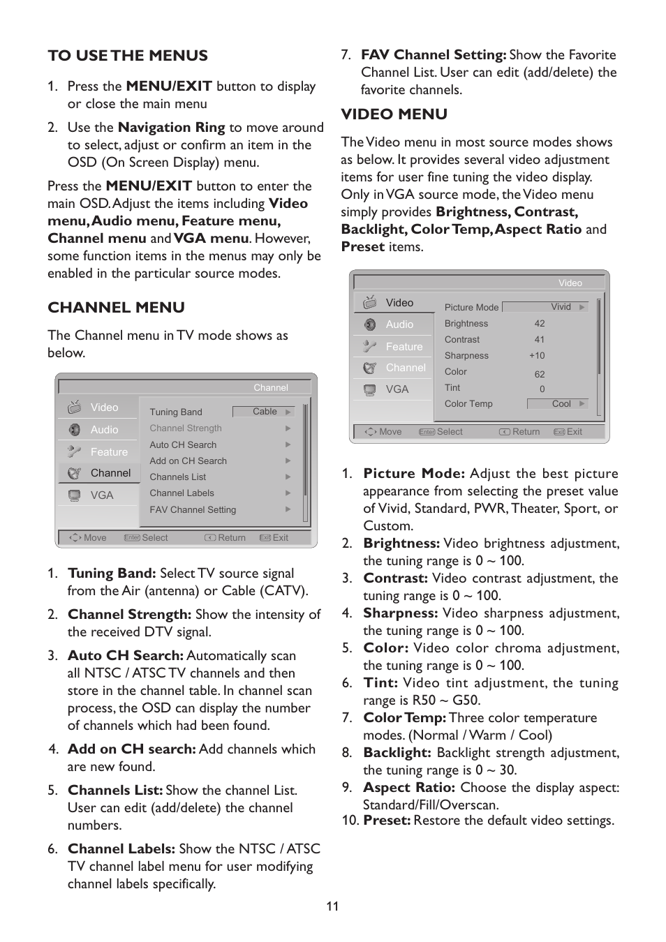 Channel menu, Video menu | Westinghouse TX-42F970Z User Manual | Page 14 / 22