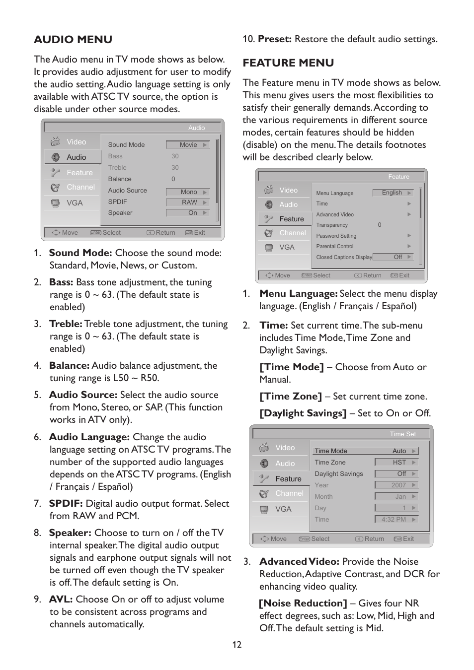 Audio menu, Feature menu | Westinghouse TX-42F970Z User Manual | Page 15 / 22