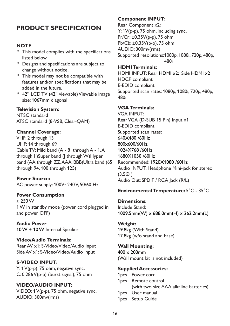 Product specification | Westinghouse TX-42F970Z User Manual | Page 19 / 22
