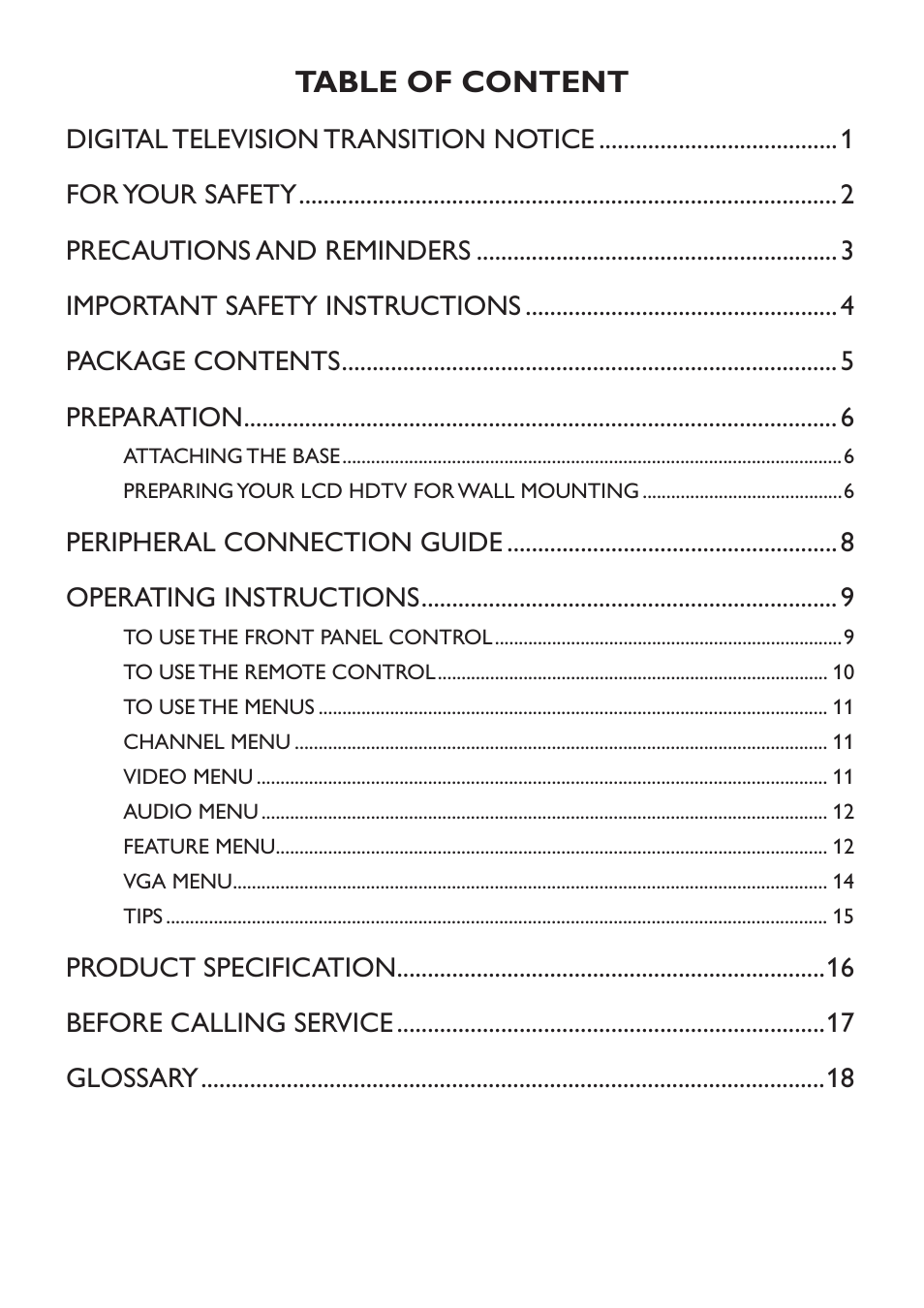 Table of content | Westinghouse TX-42F970Z User Manual | Page 3 / 22