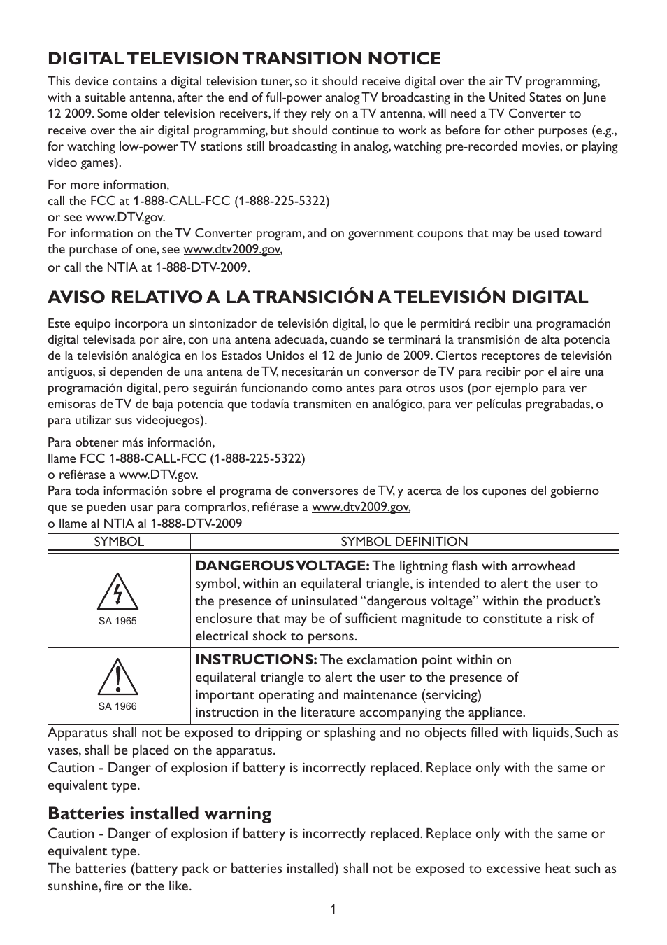 Digital television transition notice, Batteries installed warning | Westinghouse TX-42F970Z User Manual | Page 4 / 22