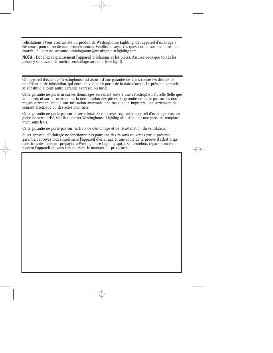Garantie limitée de cinq ans | Westinghouse W-225 User Manual | Page 5 / 12