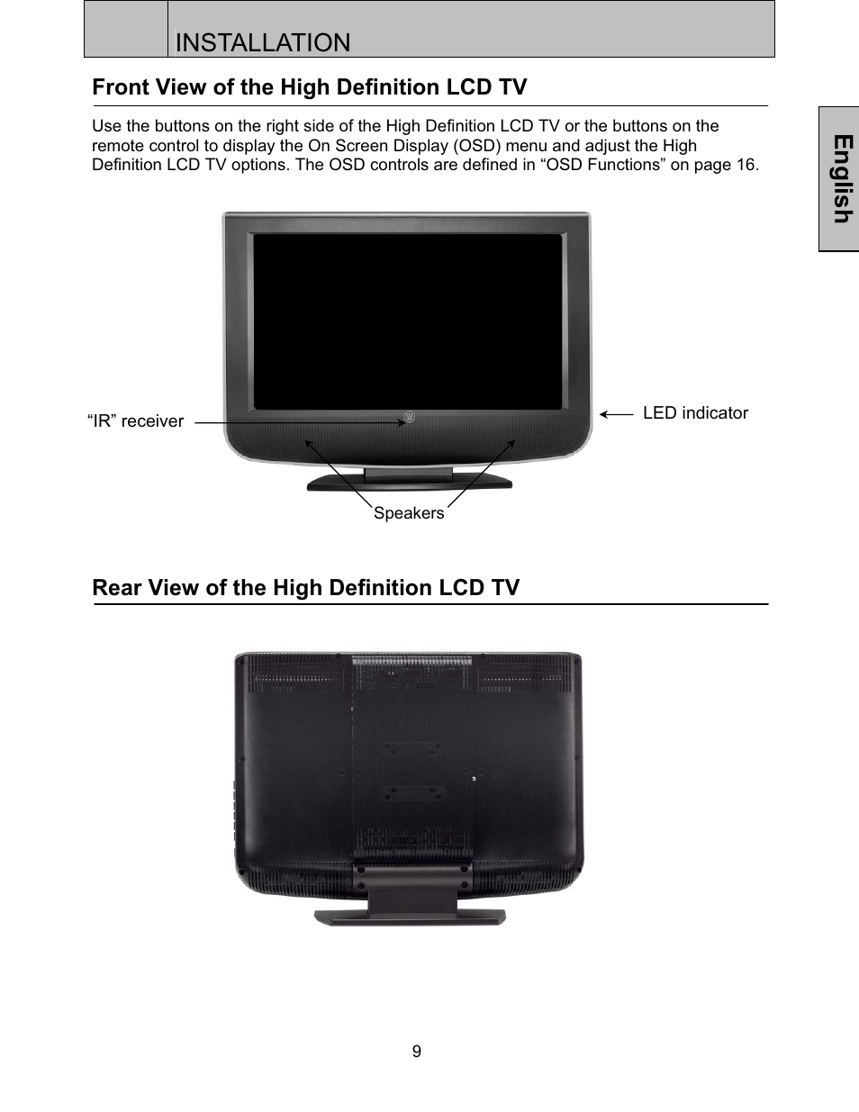 Parts & controls, Front panel, Rear panel | Installation, English | Westinghouse LTV-27w6 HD User Manual | Page 11 / 42