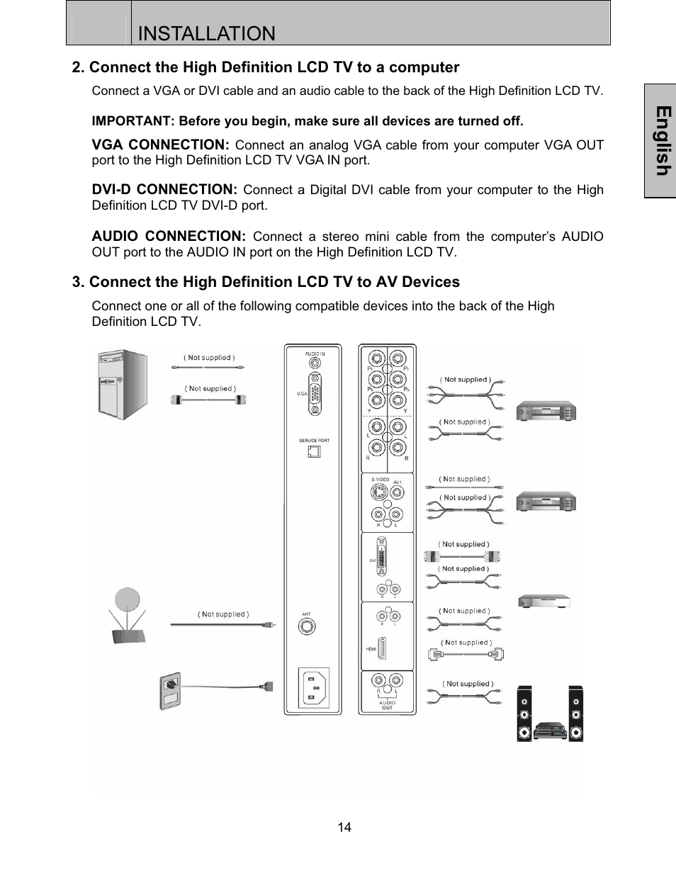 Connections, Installation, English | Westinghouse LTV-27w6 HD User Manual | Page 16 / 42