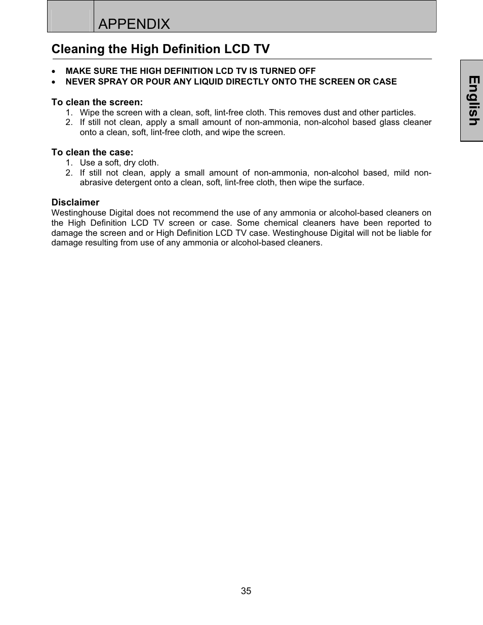 Appendix, English, Cleaning the high definition lcd tv | Westinghouse LTV-27w6 HD User Manual | Page 37 / 42