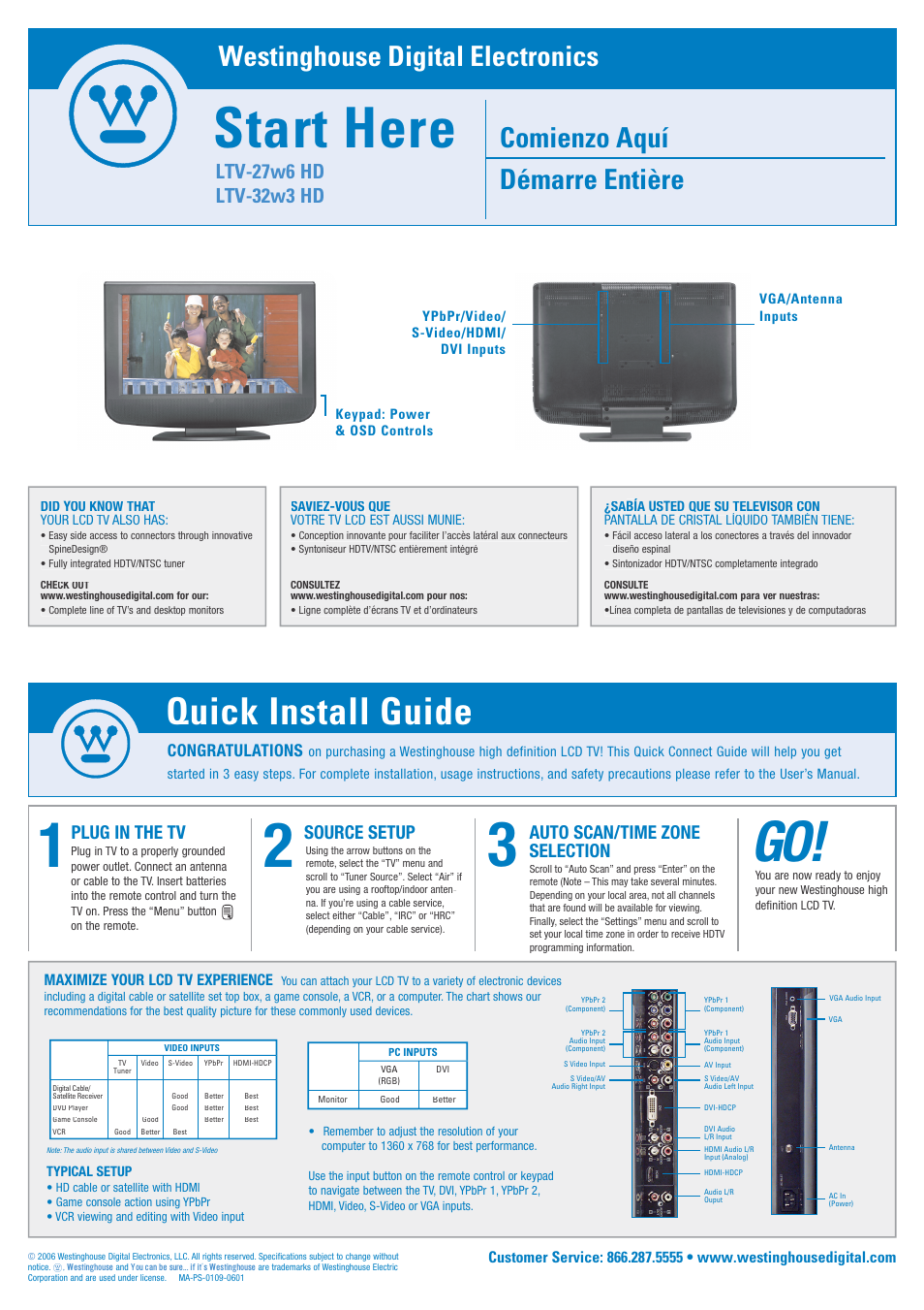 Quick start guide, Start here, Quick install guide | Comienzo aquí démarre entière, Westinghouse digital electronics, Auto scan/time zone selection, Plug in the tv, Source setup | Westinghouse LTV-27w6 HD User Manual | Page 39 / 42