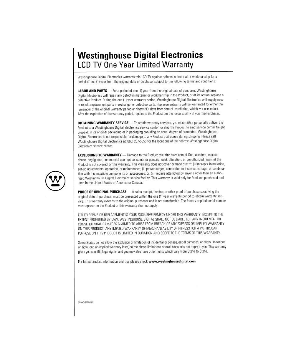 Warranty | Westinghouse LTV-27w6 HD User Manual | Page 42 / 42