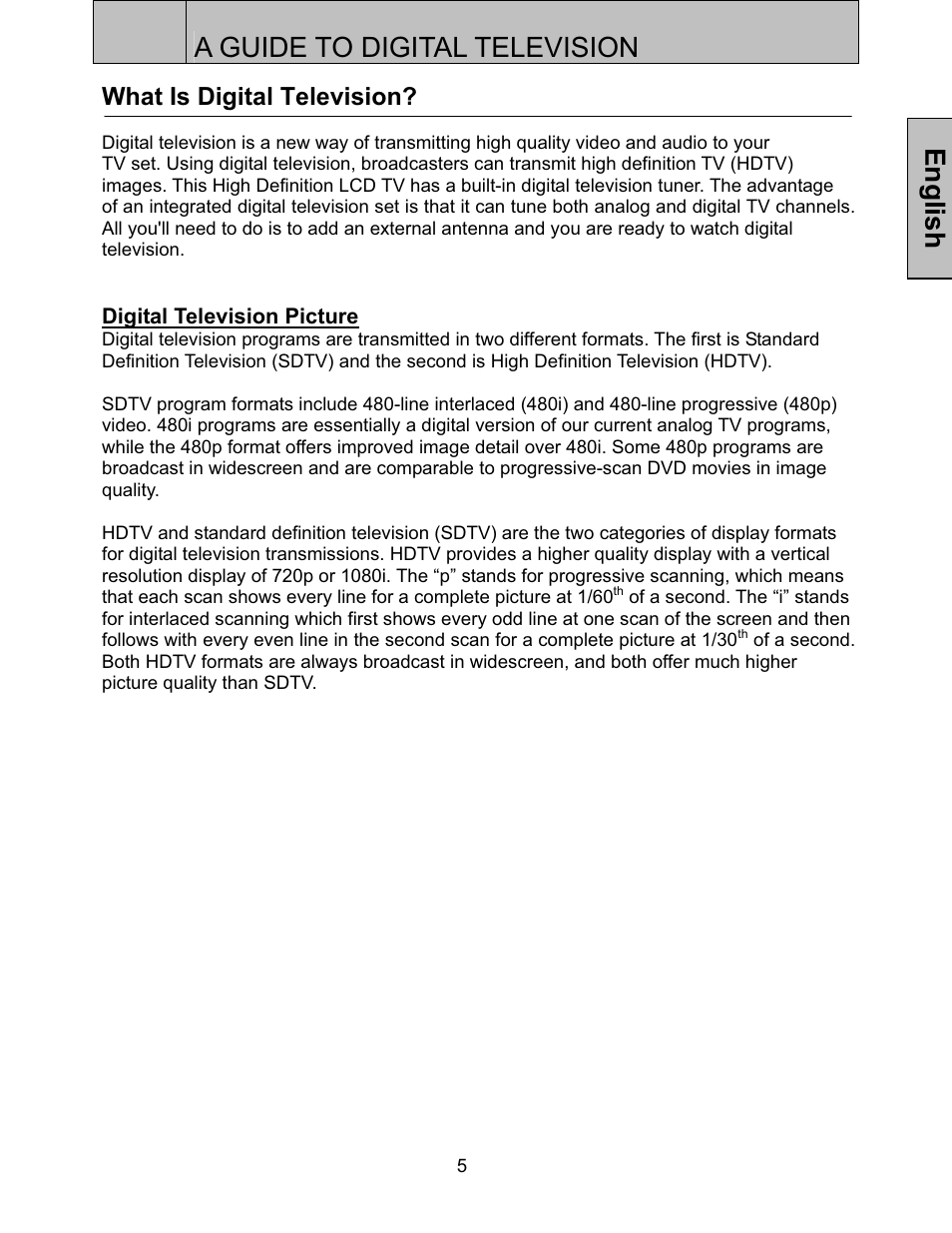 Digital television overview, A guide to digital television, English | What is digital television | Westinghouse LTV-27w6 HD User Manual | Page 7 / 42