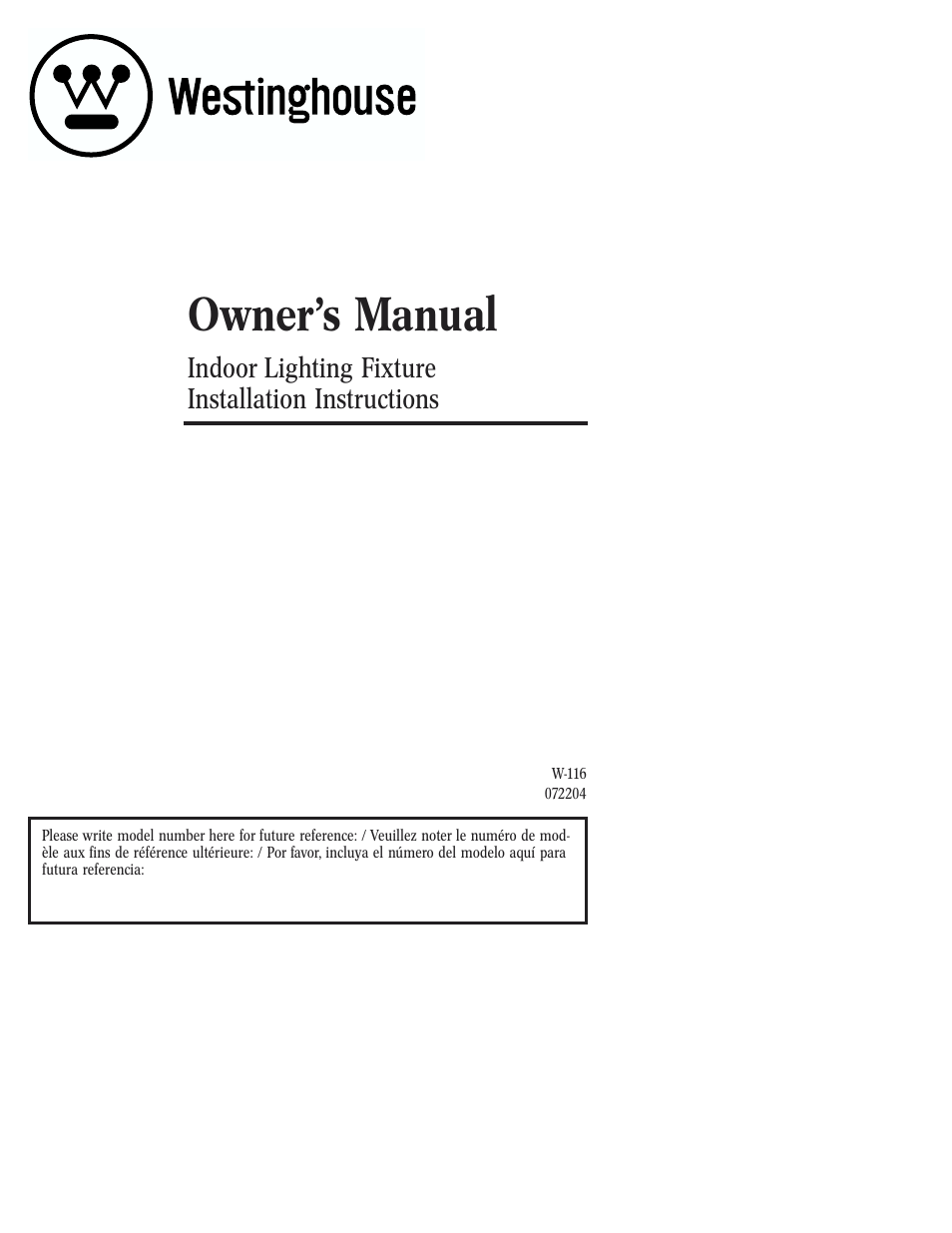 Westinghouse W-116 User Manual | 12 pages