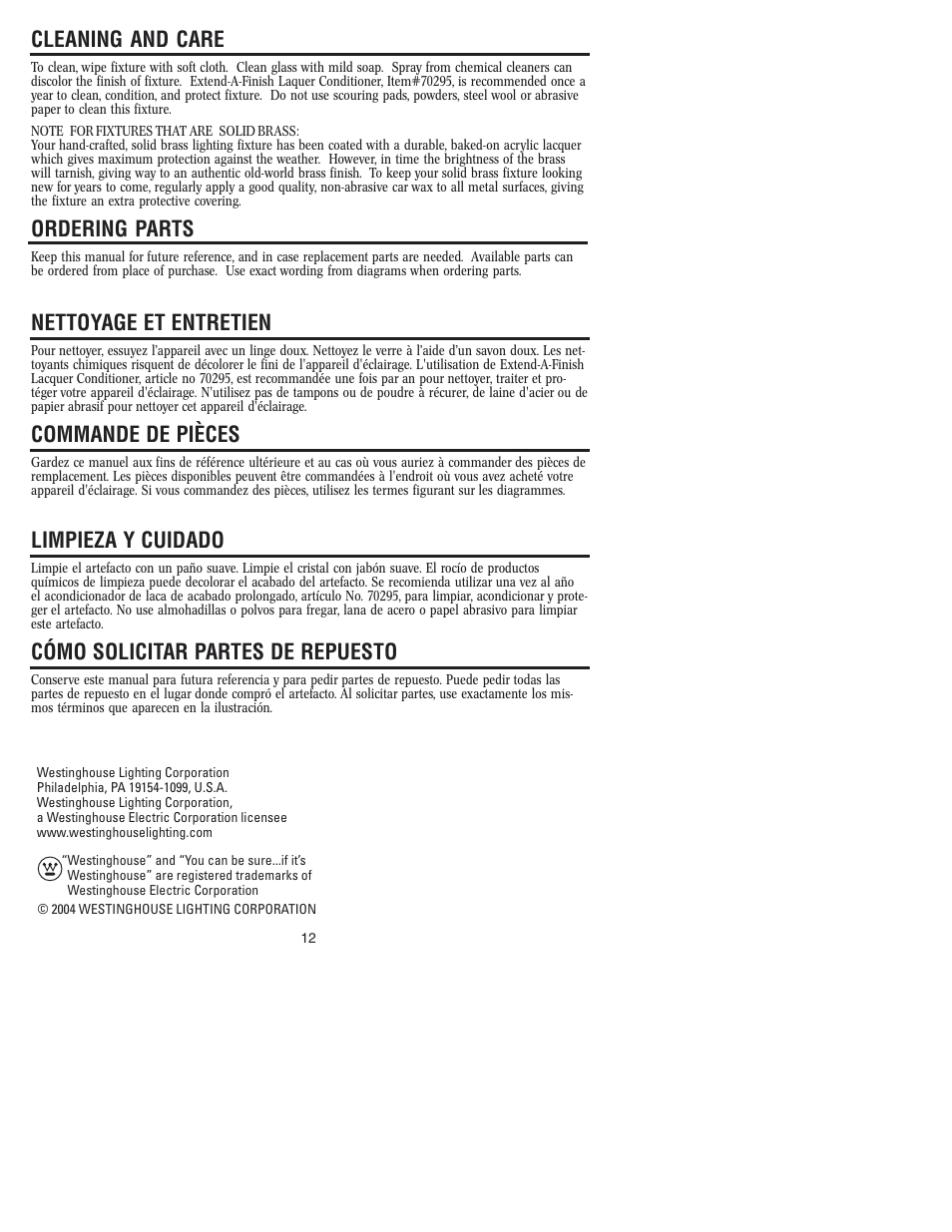 Cleaning and care, Ordering parts, Nettoyage et entretien | Commande de pièces, Limpieza y cuidado, Cómo solicitar partes de repuesto | Westinghouse W-116 User Manual | Page 12 / 12