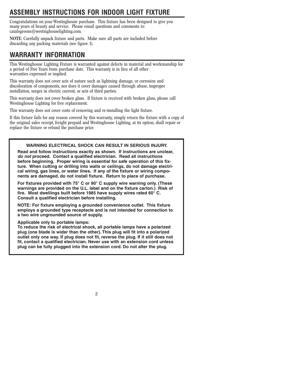 Assembly instructions for indoor light fixture, Warranty information | Westinghouse W-116 User Manual | Page 2 / 12