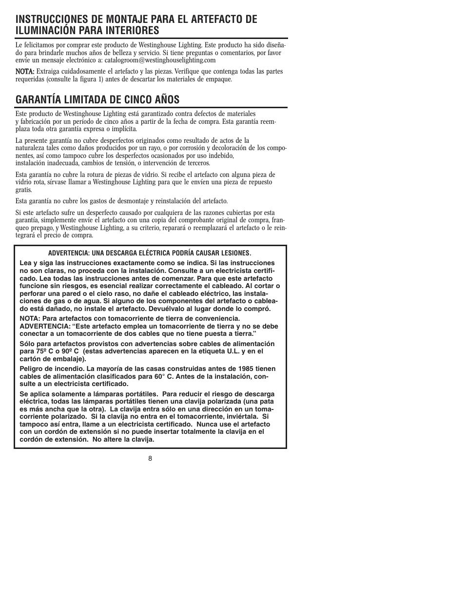 Garantía limitada de cinco años | Westinghouse W-116 User Manual | Page 8 / 12