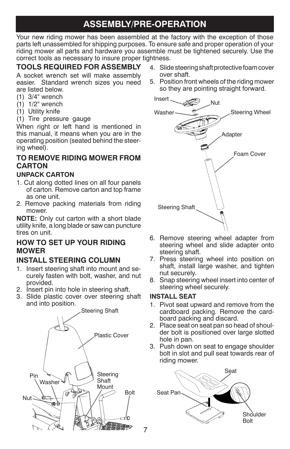 Assembly, Assembly/pre-operation, Tools required for assembly | Weed Eater 96024000100 User Manual | Page 7 / 40