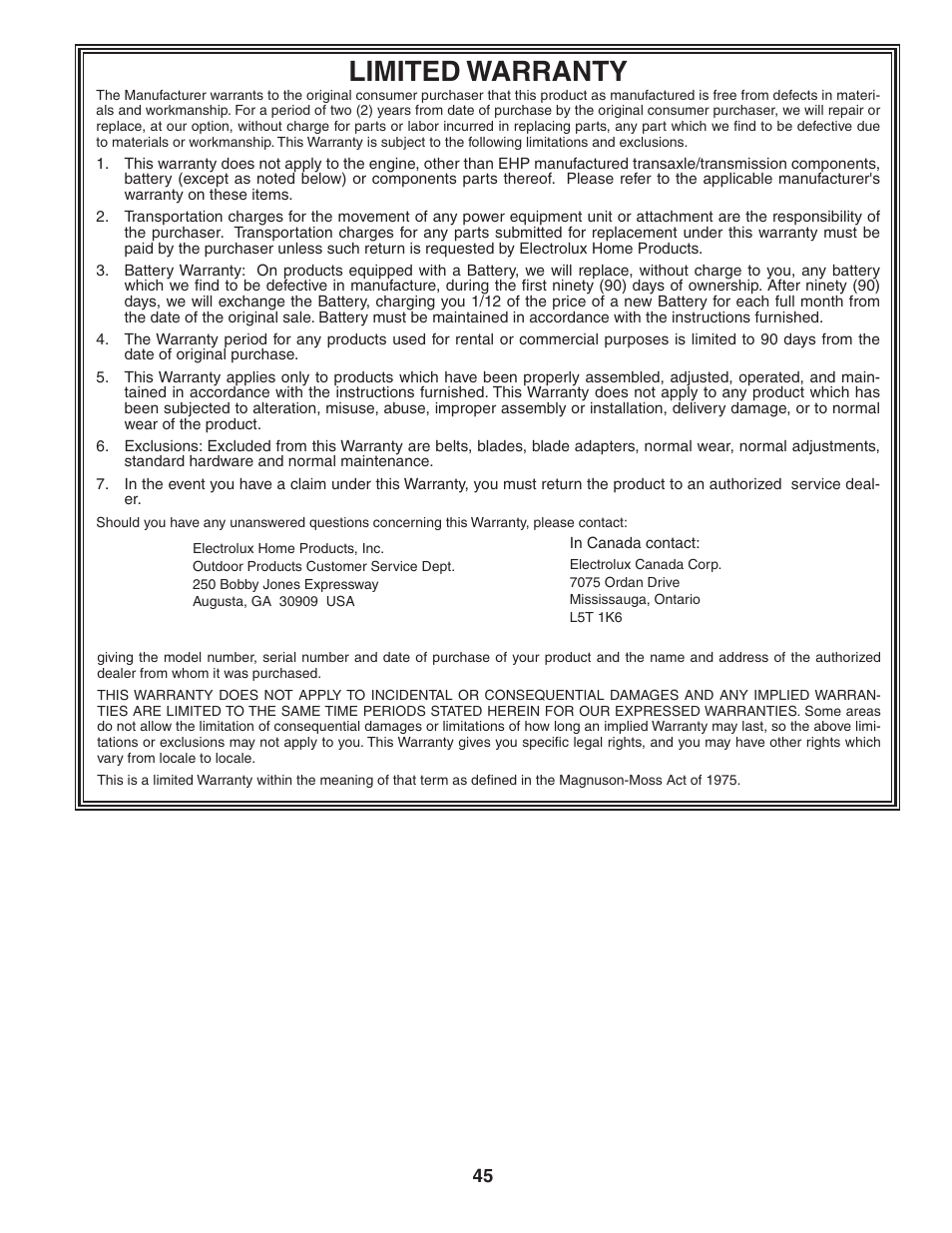 Limited warranty | Weed Eater WE165T42A User Manual | Page 45 / 48