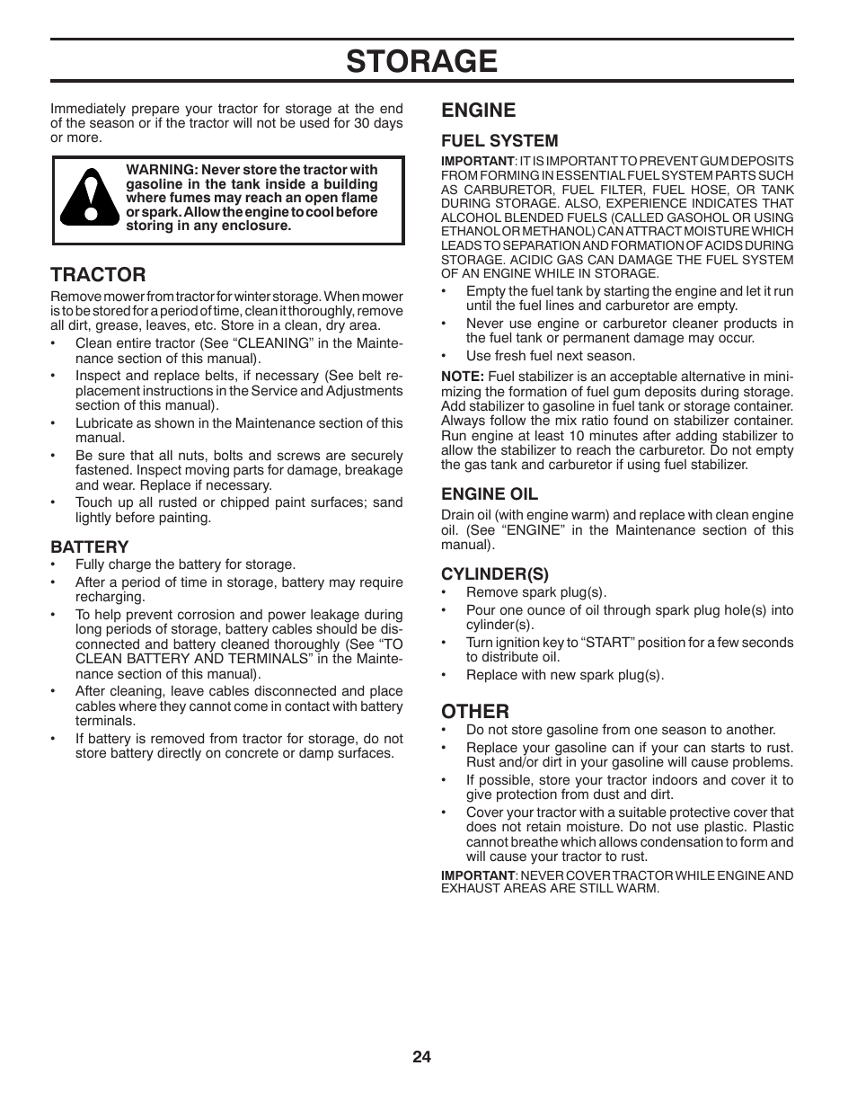 Storage, Tractor, Engine | Other | Weed Eater 960480001 User Manual | Page 24 / 28