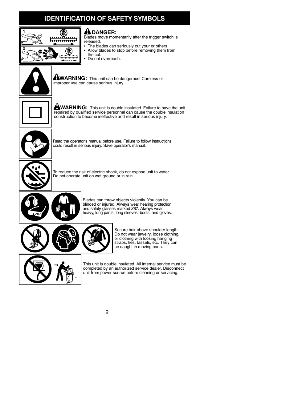 Safety symbols, Identification of safety symbols | Weed Eater 952711898 User Manual | Page 2 / 9