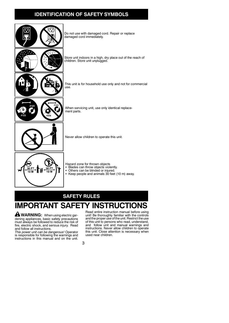 Safety rules, Important safety instructions, Identification of safety symbols | Weed Eater 952711898 User Manual | Page 3 / 9