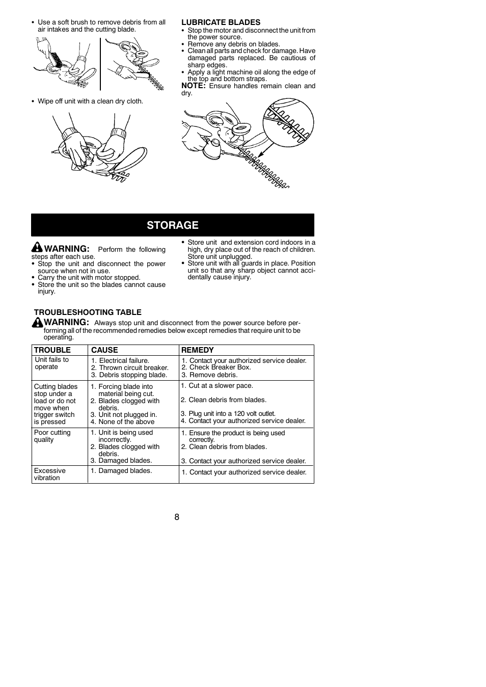 Storage, Warning | Weed Eater 952711898 User Manual | Page 8 / 9