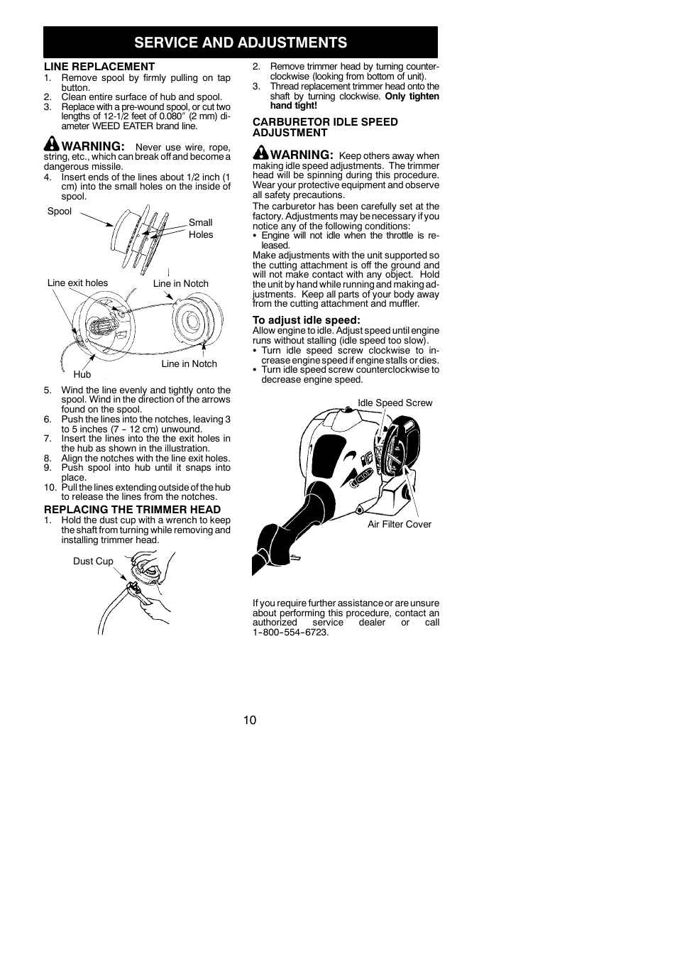 Service and adjustments, Warning | Weed Eater 952711829 User Manual | Page 10 / 14