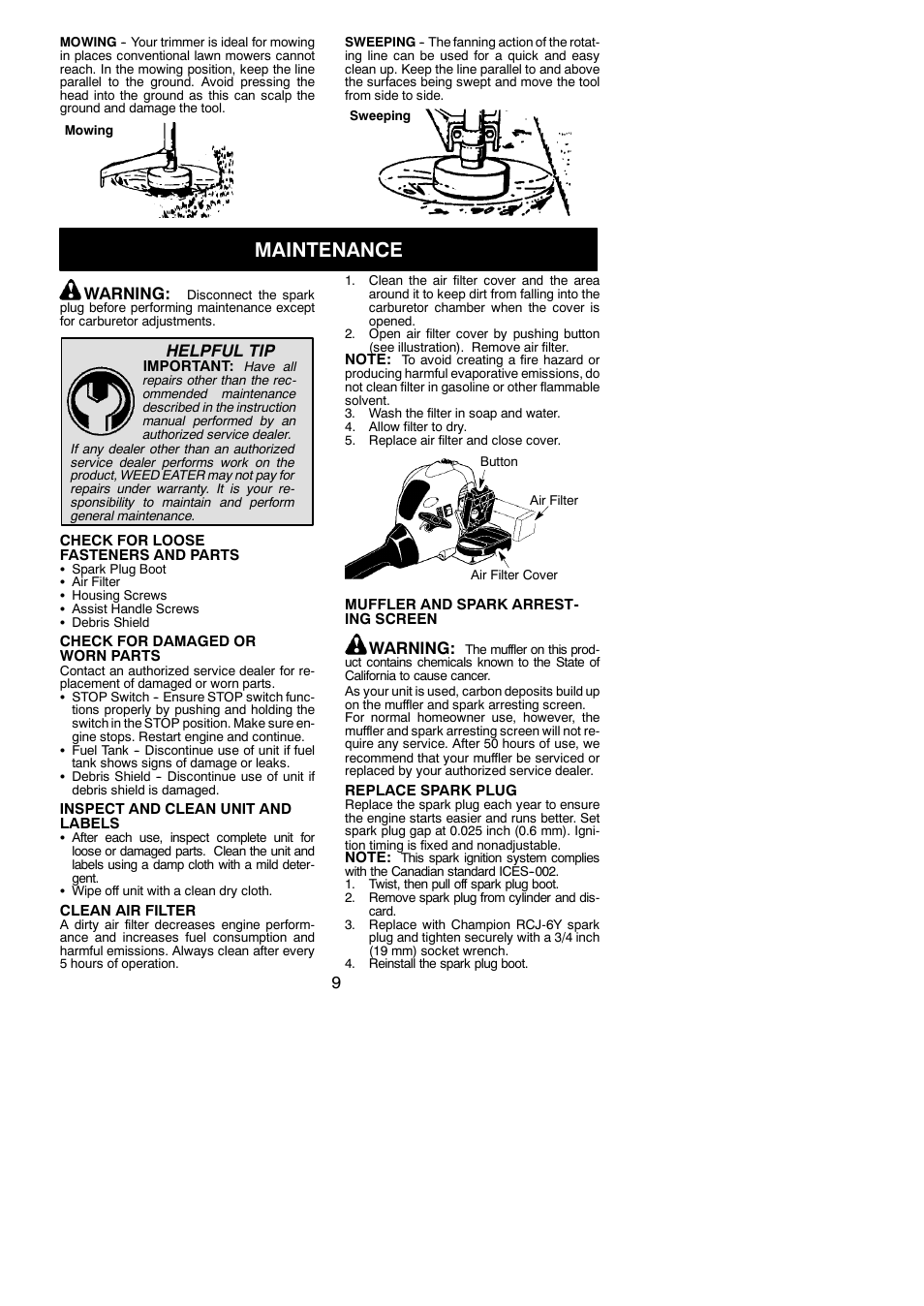 Maintenance, Warning, Helpful tip | Weed Eater 952711829 User Manual | Page 9 / 14