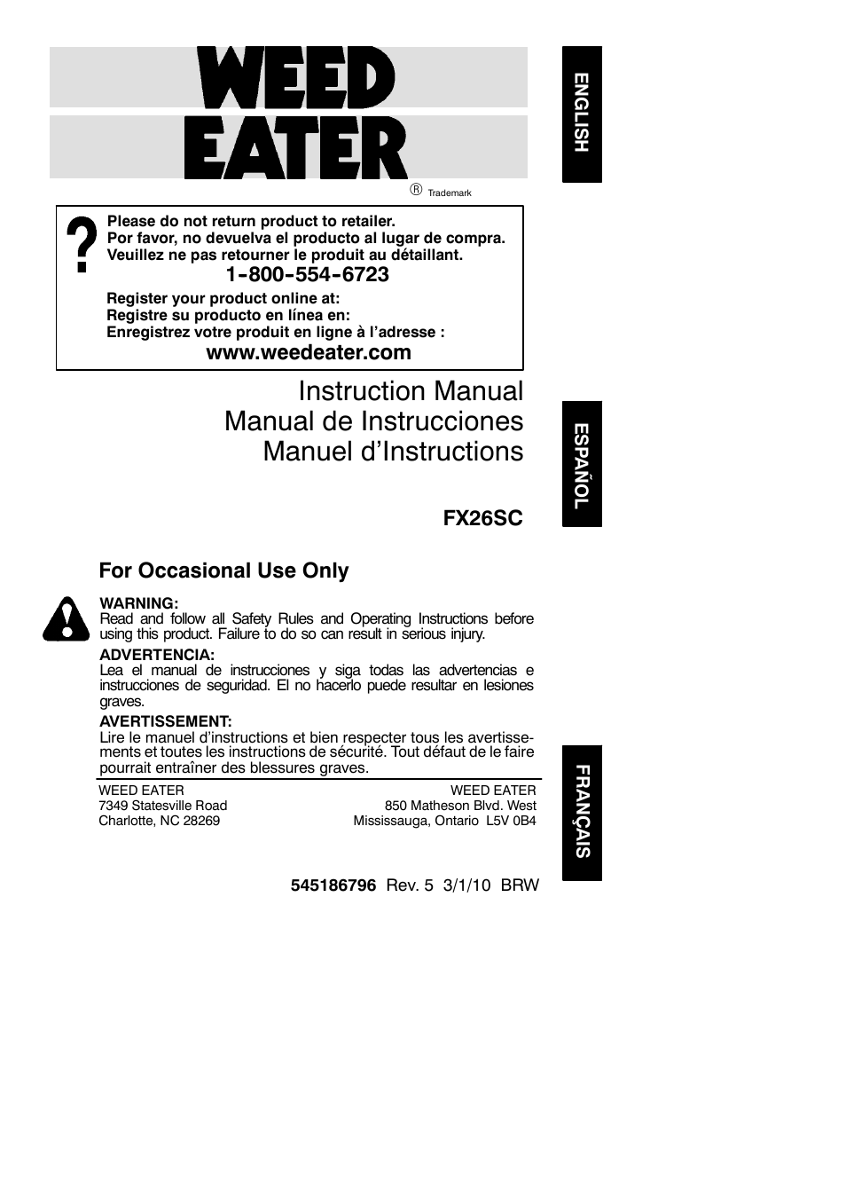 Weed Eater FX26SC User Manual | 14 pages
