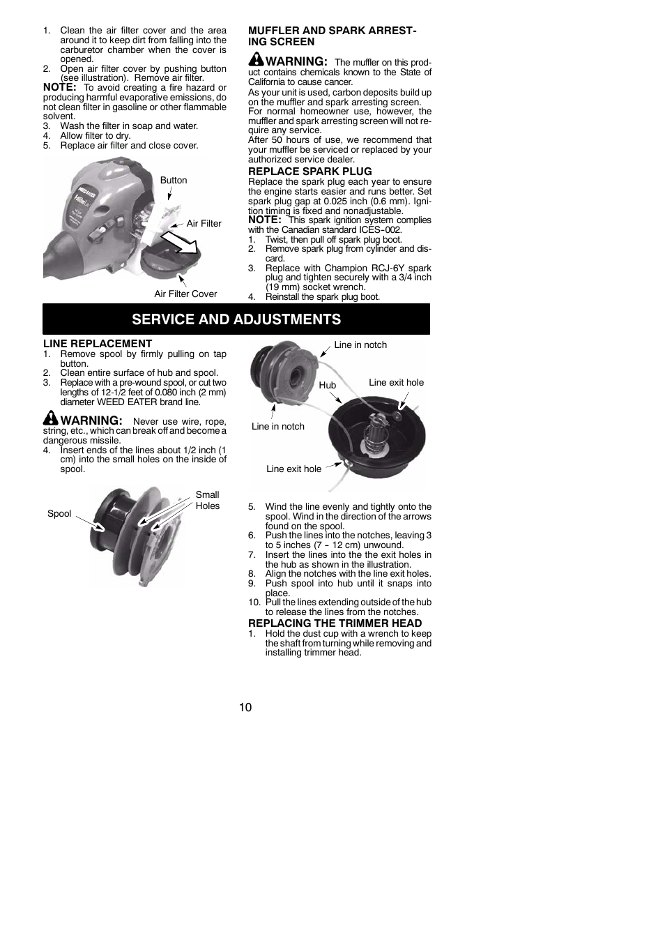 Service and adjustments, Warning | Weed Eater FX26SC User Manual | Page 10 / 14