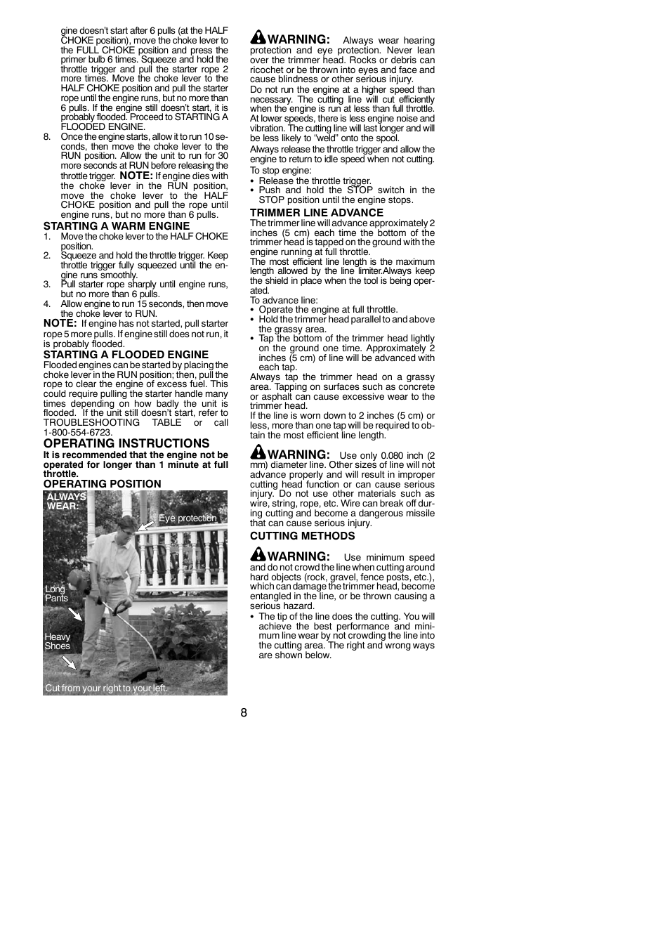 Operating instructions, Warning | Weed Eater FX26SC User Manual | Page 8 / 14