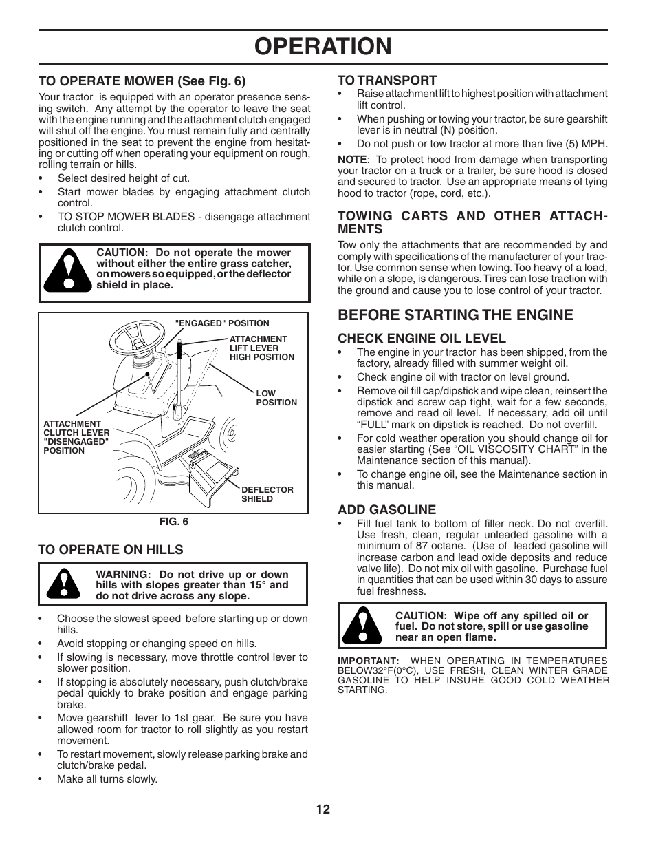 Operation, Before starting the engine | Weed Eater 191087 User Manual | Page 12 / 48