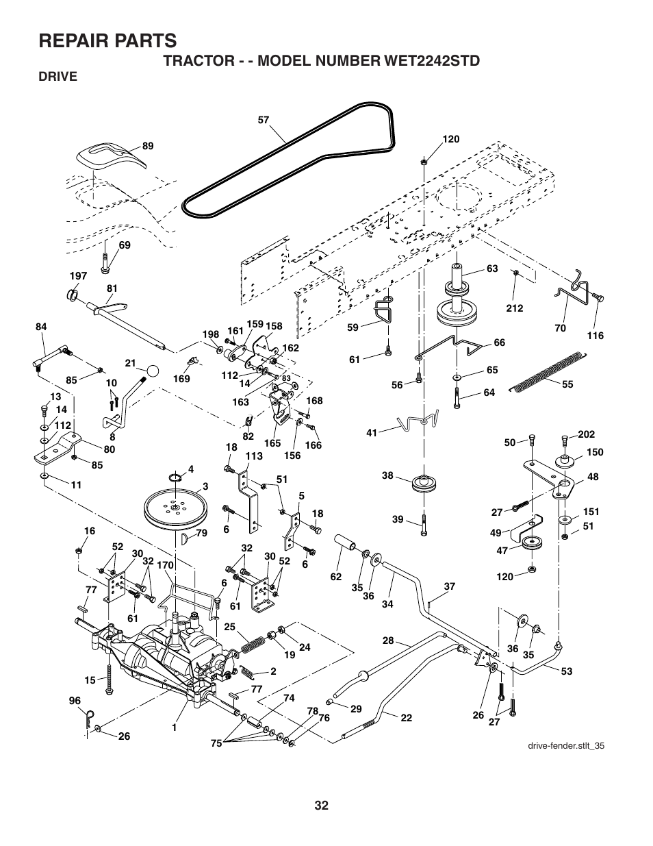 Repair parts, Tractor - - model number wet2242std, Drive | Weed Eater 191087 User Manual | Page 32 / 48