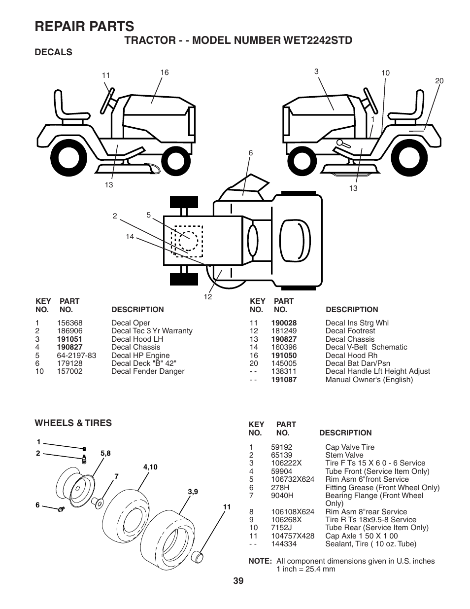 Repair parts, Tractor - - model number wet2242std | Weed Eater 191087 User Manual | Page 39 / 48