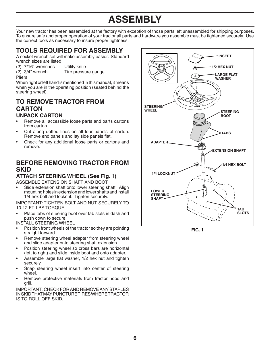 Assembly, Tools required for assembly, Before removing tractor from skid | Weed Eater 191087 User Manual | Page 6 / 48
