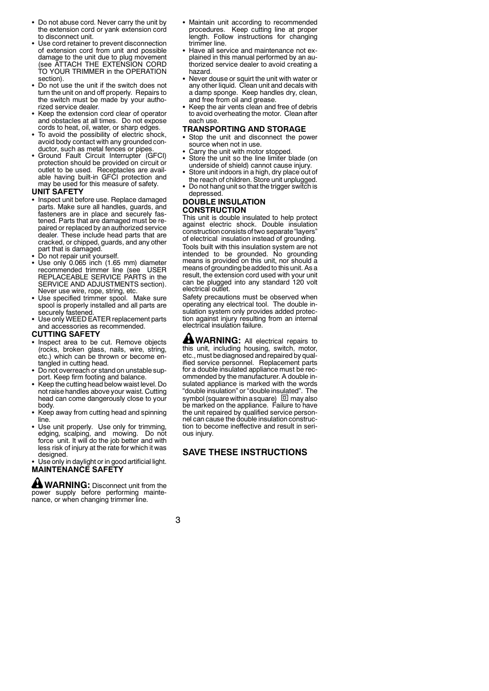 Warning, Save these instructions | Weed Eater 545117527 User Manual | Page 3 / 9